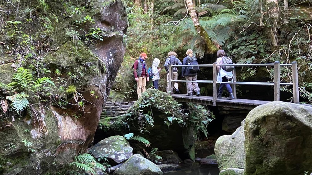 Five Scouts with backpacks hiking over a bridge