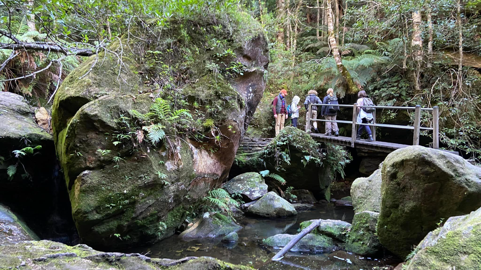 Five Scouts with backpacks hiking over a bridge